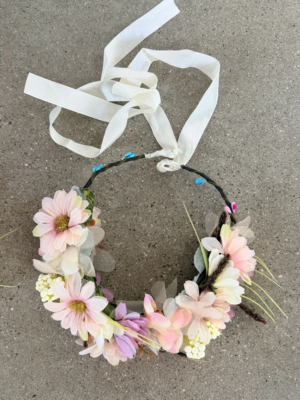 Floral Pink Kids Flower Crown Headbands with White Ribbon